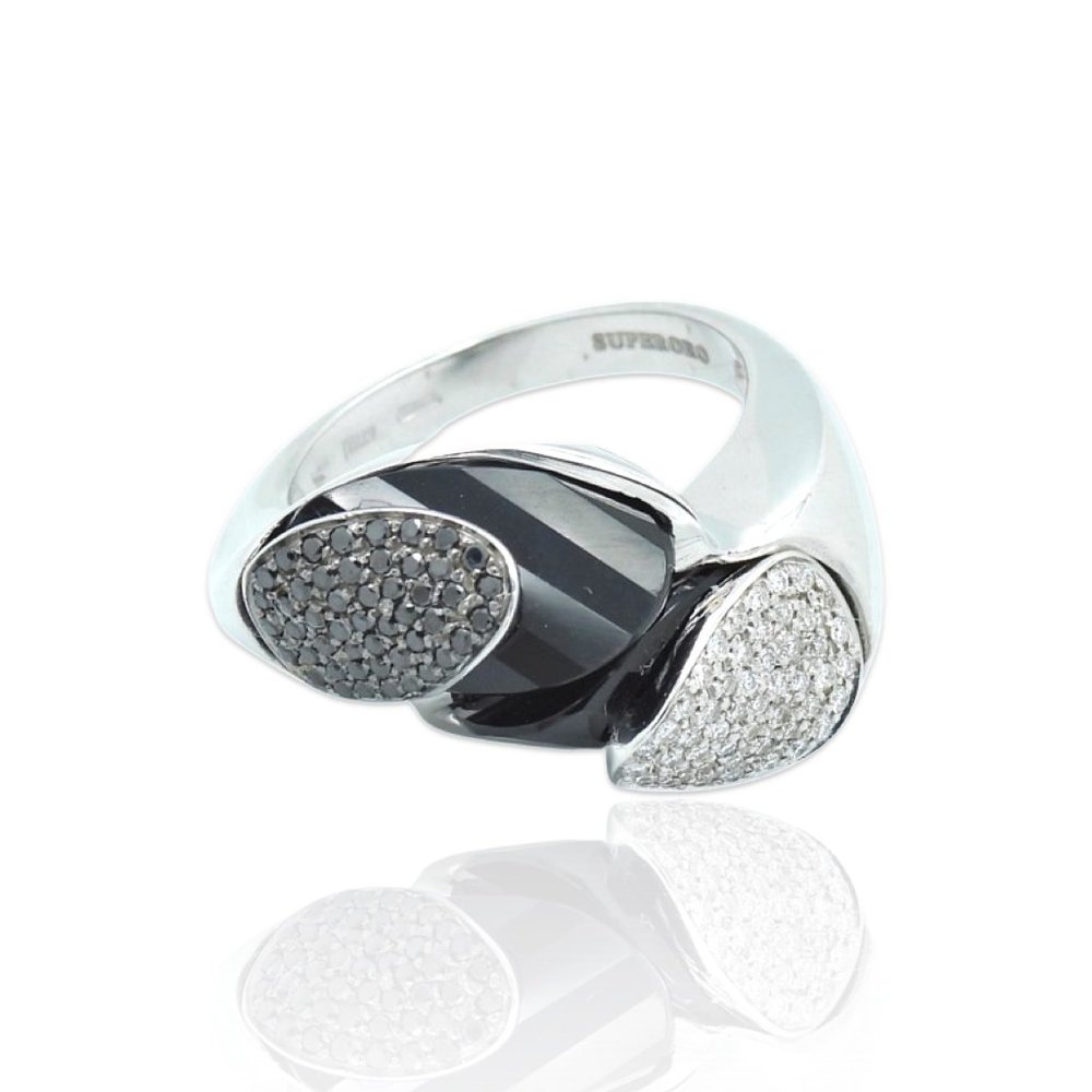 Superoro 18K White Gold Diamond Onyx Ring